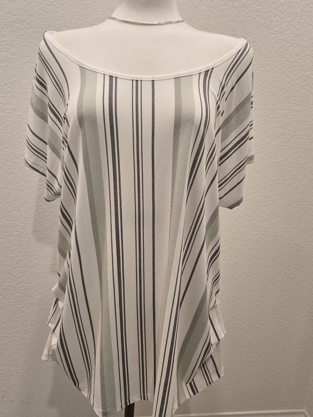 Relaxed White Vertical Stripe Blouse with Black/gray Accents